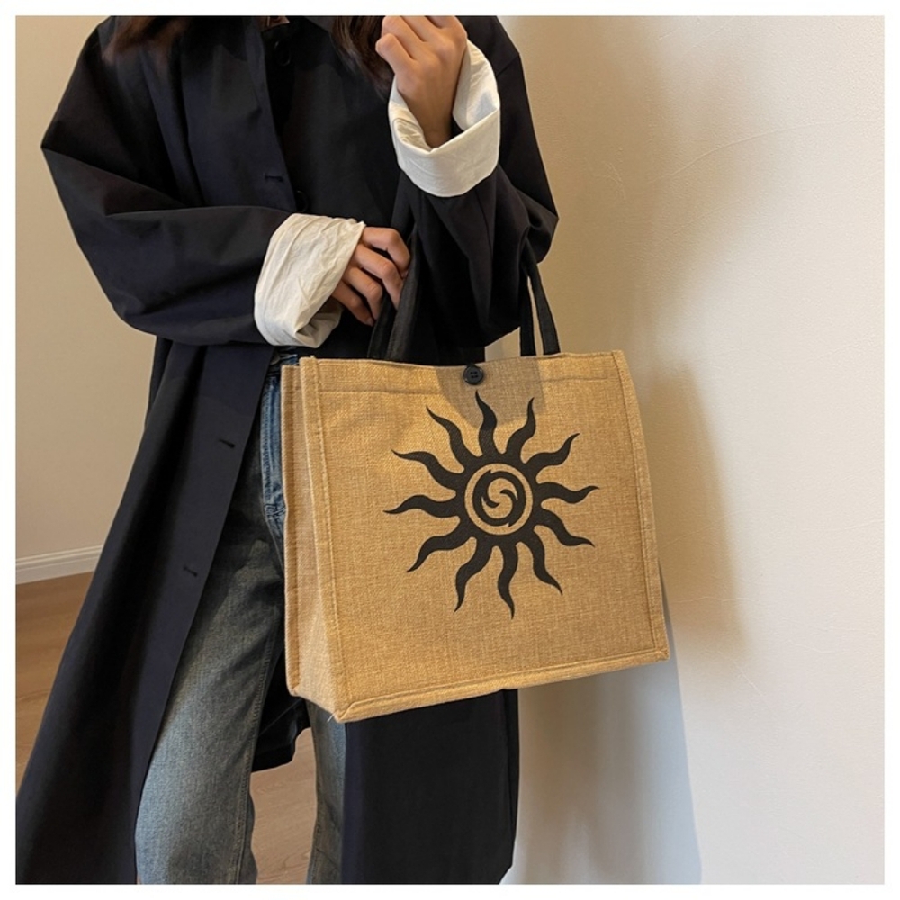 Unisex All Seasons Linen Streetwear Square Hook Loop Handbag With Sun Design - Picture 2 of 2